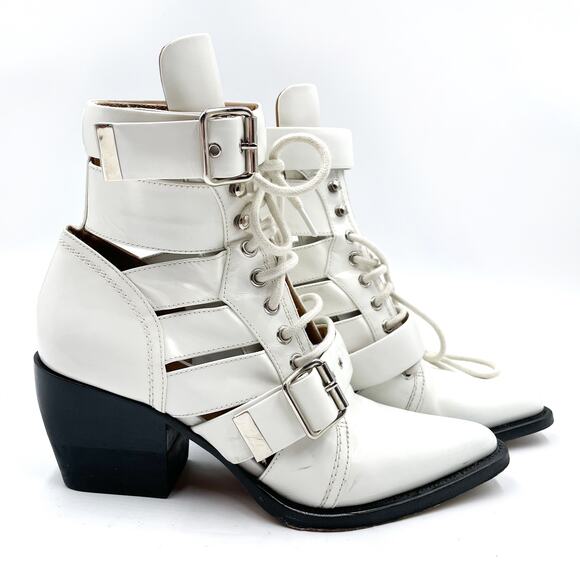 Chloe Rylee Boots White Leather Cutout Lace Up Pointed Toe Ankle Sz 38 / 8 - Picture 4 of 12